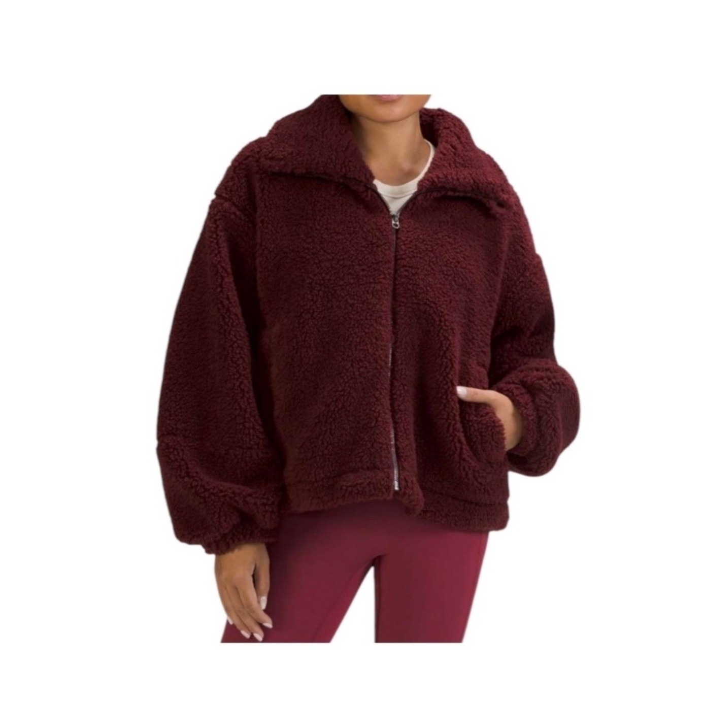 Lululemon Cinchable Fleece Zip Up Jacket Red Merlot Oversized Funnel Neck Sz 12